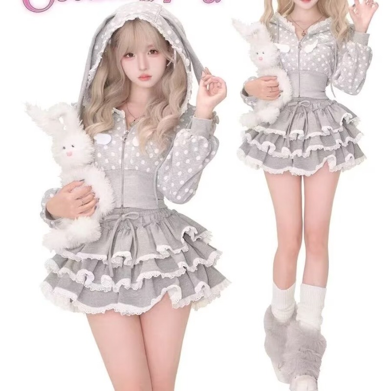 日本の甘い素敵な女の子水玉模様のウサギの耳春秋2点セットレデ - Fly Line のレビューと価格