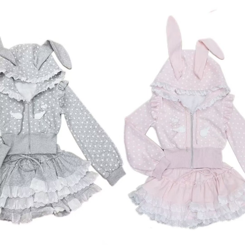 日本の甘い素敵な女の子水玉模様のウサギの耳春秋2点セットレデ - Fly Line のレビューと価格