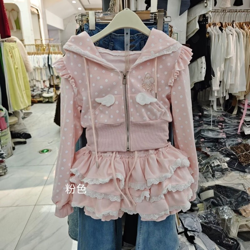 日本の甘い素敵な女の子水玉模様のウサギの耳春秋2点セットレデ - Fly Line のレビューと価格