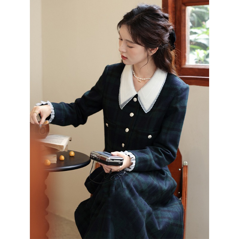 ヴィンテージチェック柄ツーピース衣装女性秋ラペルショートジャ - Fly Line のレビューと価格